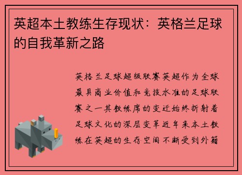 英超本土教练生存现状：英格兰足球的自我革新之路